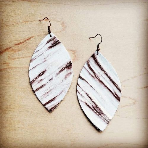Stylish white leather oval earrings with a unique brown striped pattern for a modern look