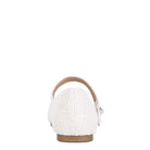 Rag Company white Mary Jane flats for women with textured fabric and buckle strap shown from the back