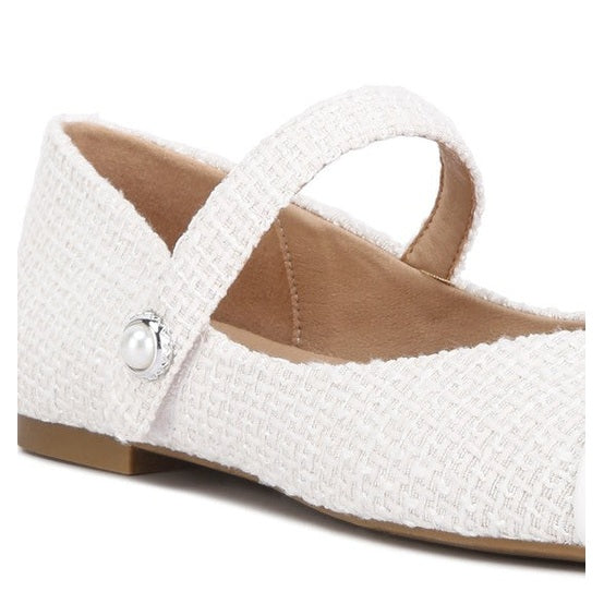 Rag Company white Mary Jane flats for women with textured fabric and pearl button strap