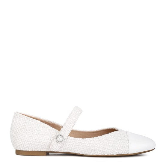 Rag Company white Mary Jane flats for women with textured fabric and strap detail