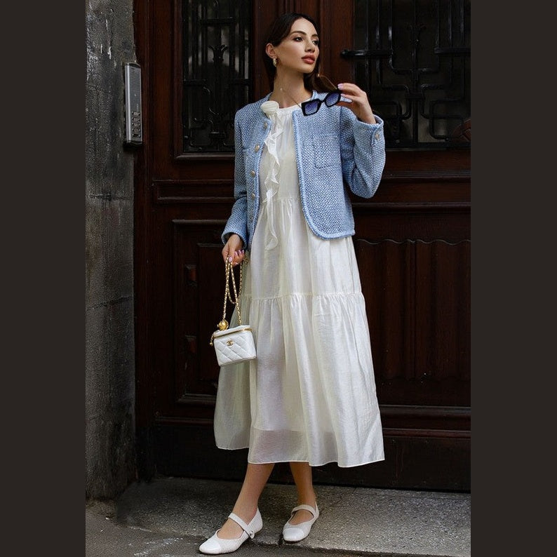 White Mary Jane flats for women by Rag Company worn with a white dress and light blue jacket