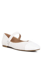 Rag Company white Mary Jane flats for women with textured fabric and patent toe cap