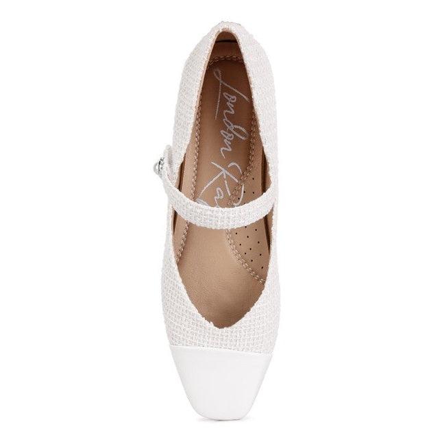 Rag Company white Mary Jane flats for women with textured fabric and buckle strap