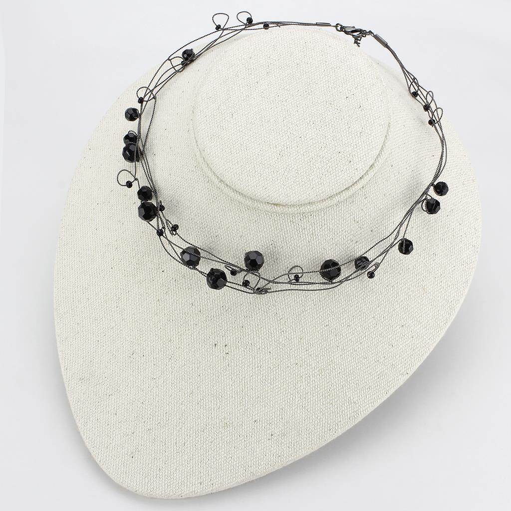 Elegant white metal fashion necklace with intricate wire design and black beads for women's jewelry