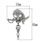 White metal skull pin jewelry with rhinestones and sword design, measuring 57mm by 82mm