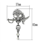 White metal skull pin jewelry with rhinestones and sword design, measuring 57mm by 82mm