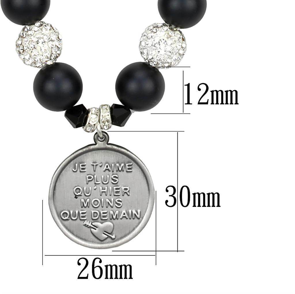 Elegant white metal synthetic beaded necklace featuring black and crystal accents with a heartfelt pendant