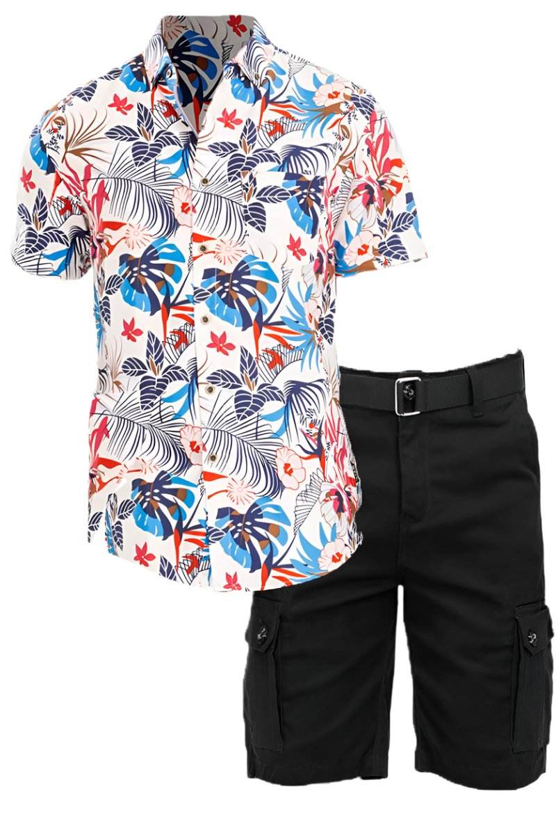 White Multi Hawaiian Shirt and Cargo Short Set - VacationGrabs