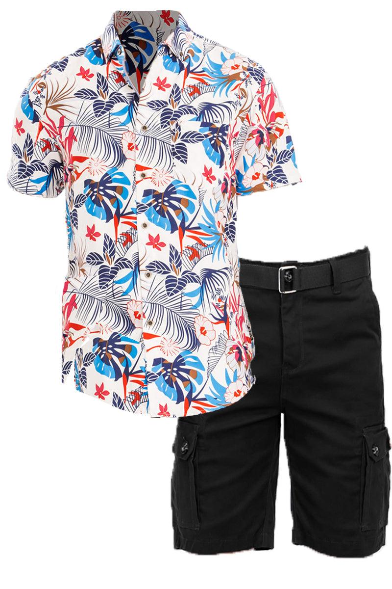 Men's Outfit Sets White Multi Hawaiian Shirt and Cargo Short Set