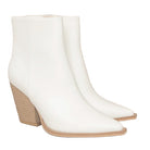 White pointed toe ankle booties with a stylish stacked heel for a chic look