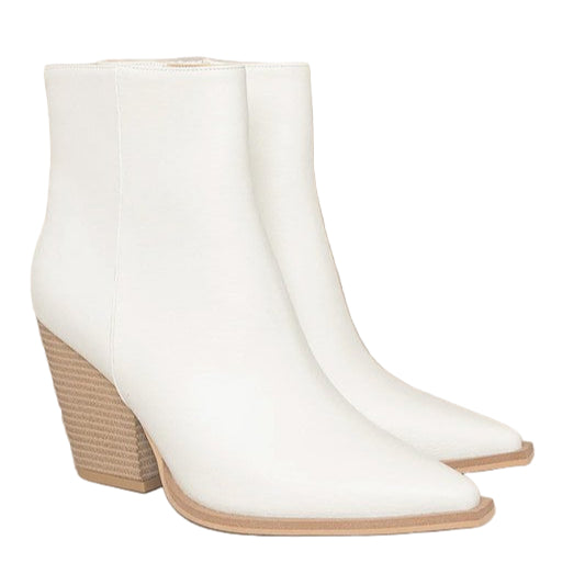 White pointed toe ankle booties with a stylish stacked heel for a chic look
