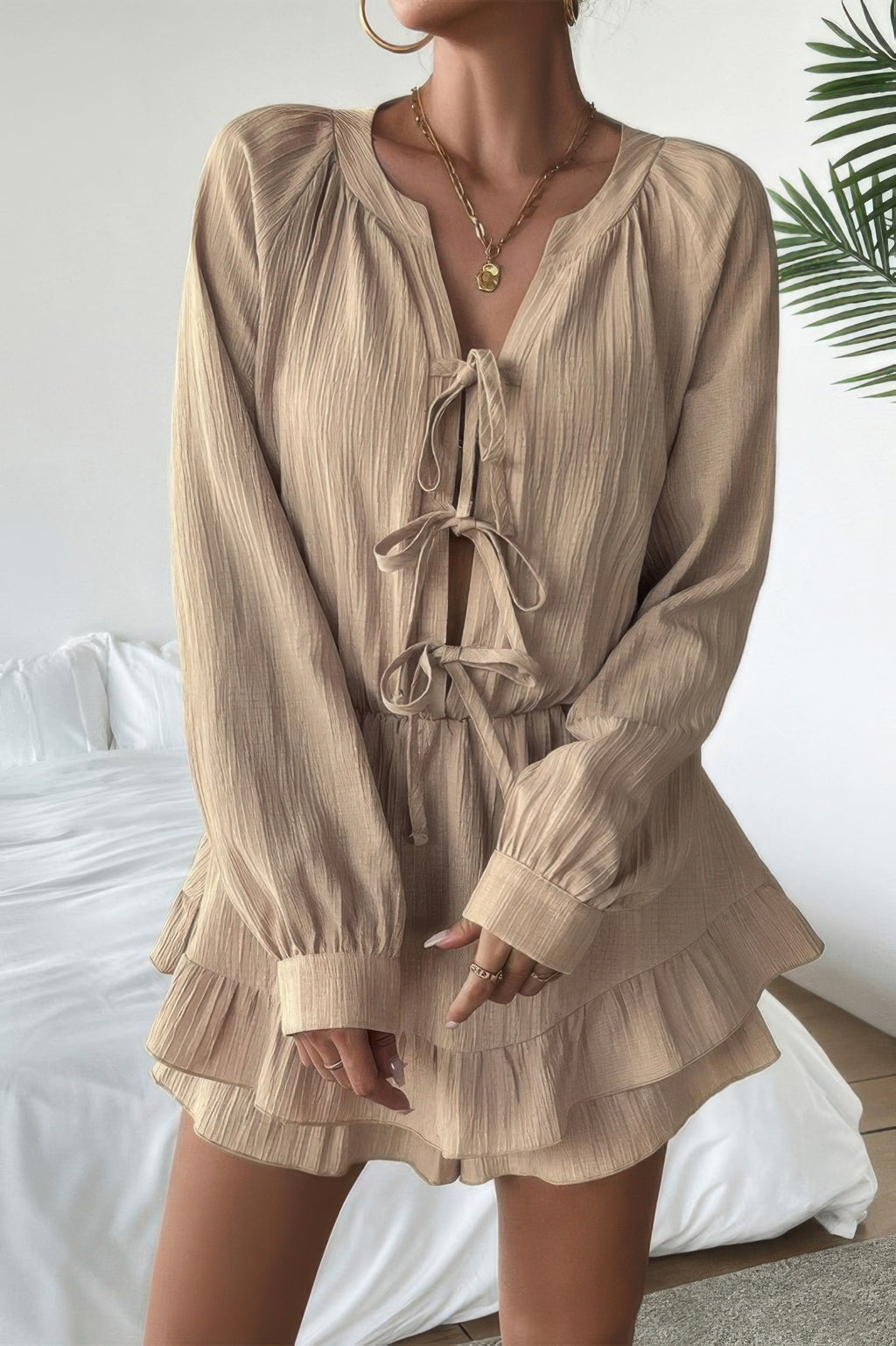 beige ruffled dress, lightweight fabric, perfect for summer outings