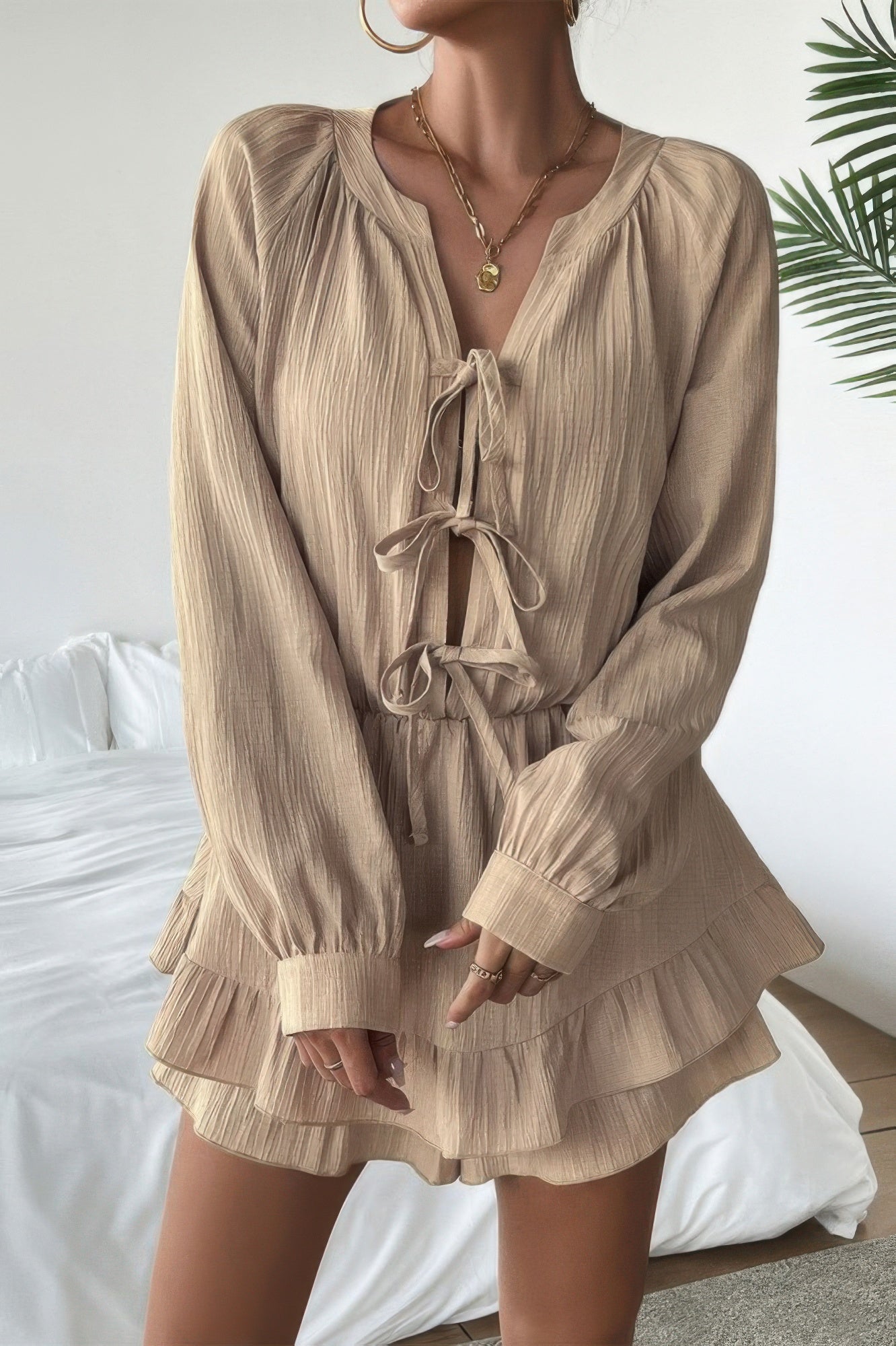 beige ruffled dress, lightweight fabric, perfect for summer outings