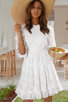 Women's Dresses White Sheer Jacquard Ruffle Trim Half Sleeve Dress