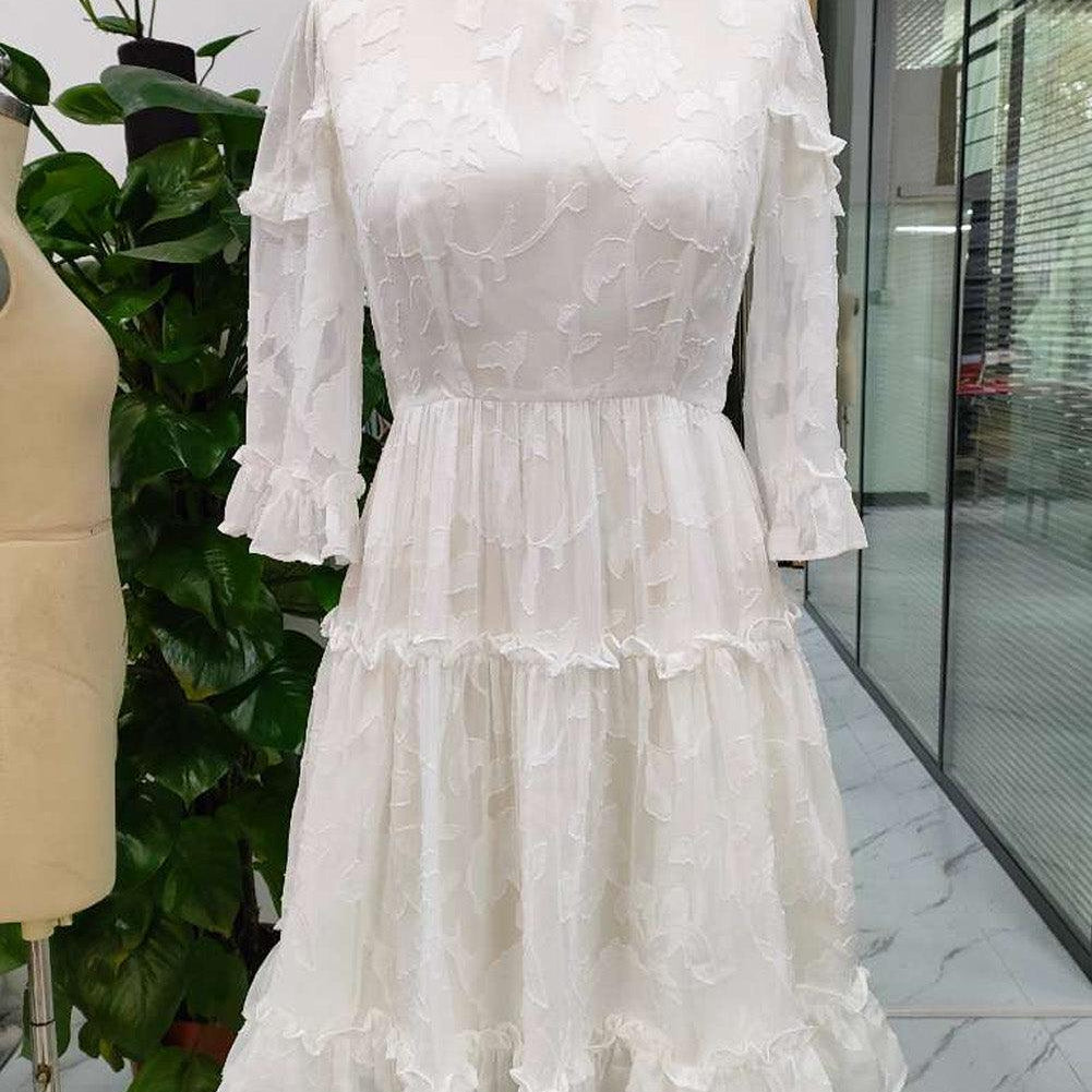 Women's Dresses White Sheer Jacquard Ruffle Trim Half Sleeve Dress