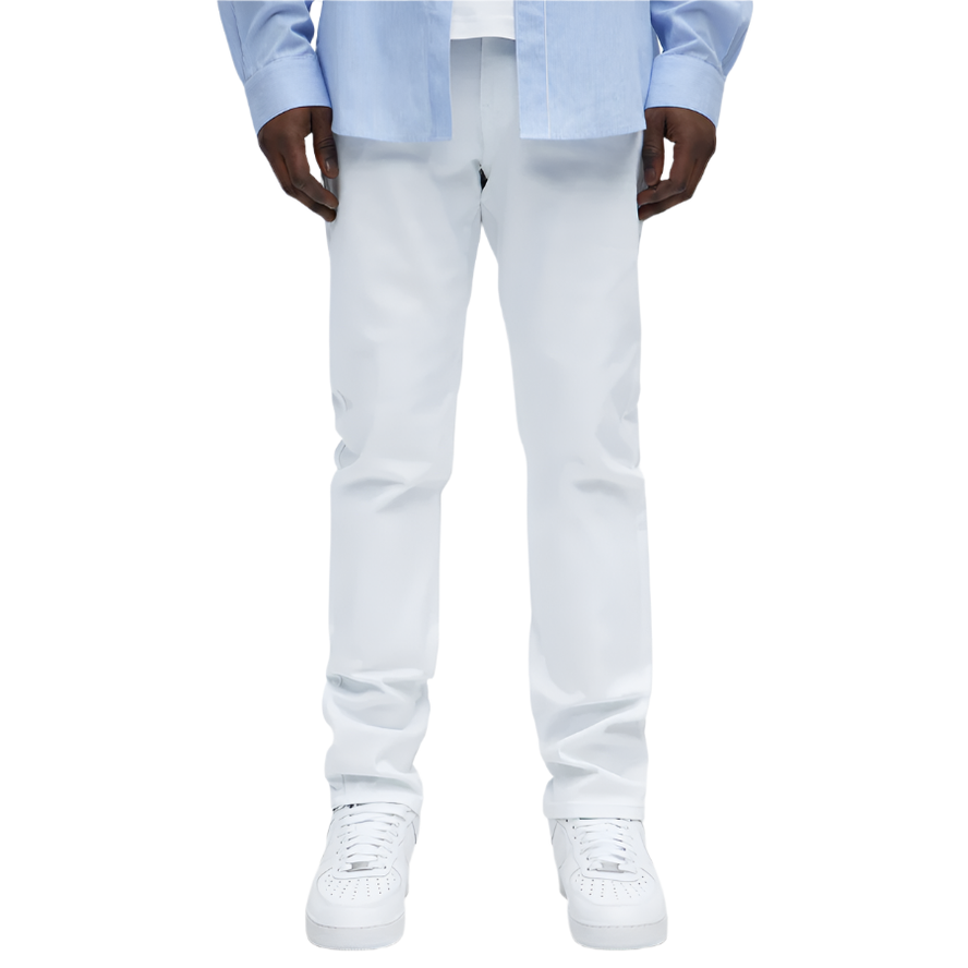 VacationGrabs white slim fit jeans for men styled with casual white sneakers and light blue shirt