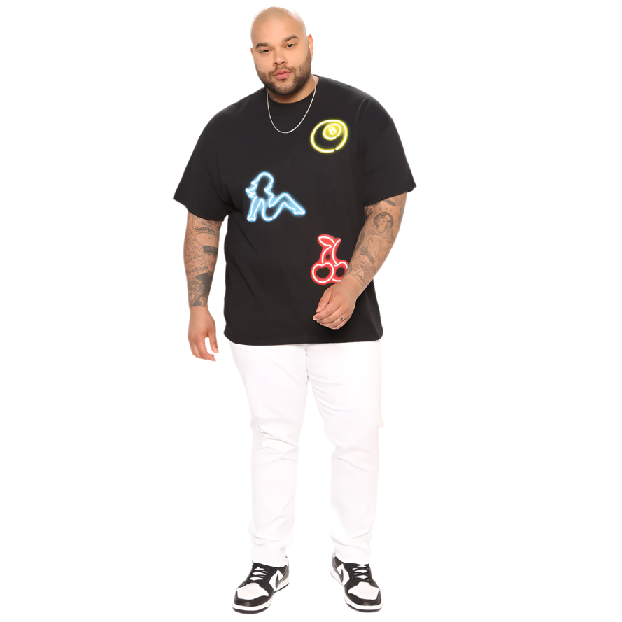 Men's white slim fit jeans for men styled with a black graphic t-shirt and sneakers