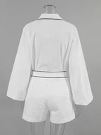 Miss Sparkling white summer shorts set featuring long sleeves and contrasting trim detail