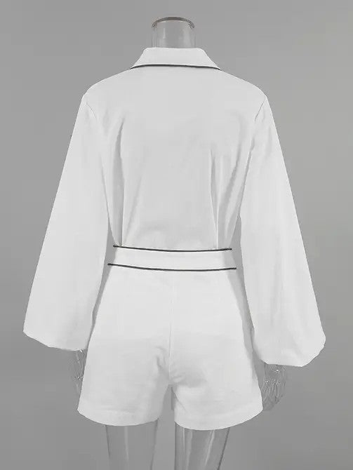 Miss Sparkling white summer shorts set featuring long sleeves and contrasting trim detail