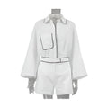 Miss Sparkling white summer shorts set with long sleeve button-up top and high waist shorts with black trim