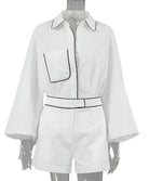 Miss Sparkling white summer shorts set with long sleeve button-up top and high waist shorts with black trim