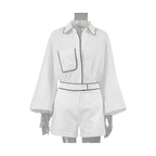 Miss Sparkling white summer shorts set with long sleeve button-up top and high waist shorts with black trim