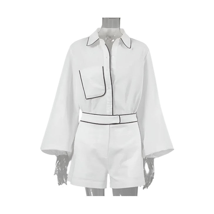 Miss Sparkling white summer shorts set with long sleeve button-up top and high waist shorts with black trim