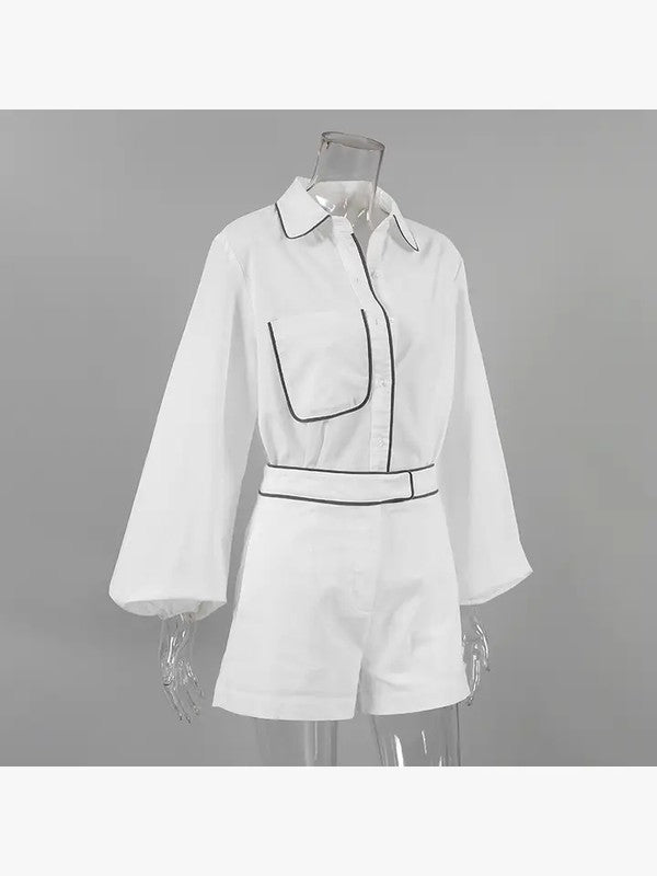 Miss Sparkling white summer shorts set with long sleeves and black piping detail