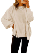White Waffle knit Bishop Sleeve Split Oversized Top