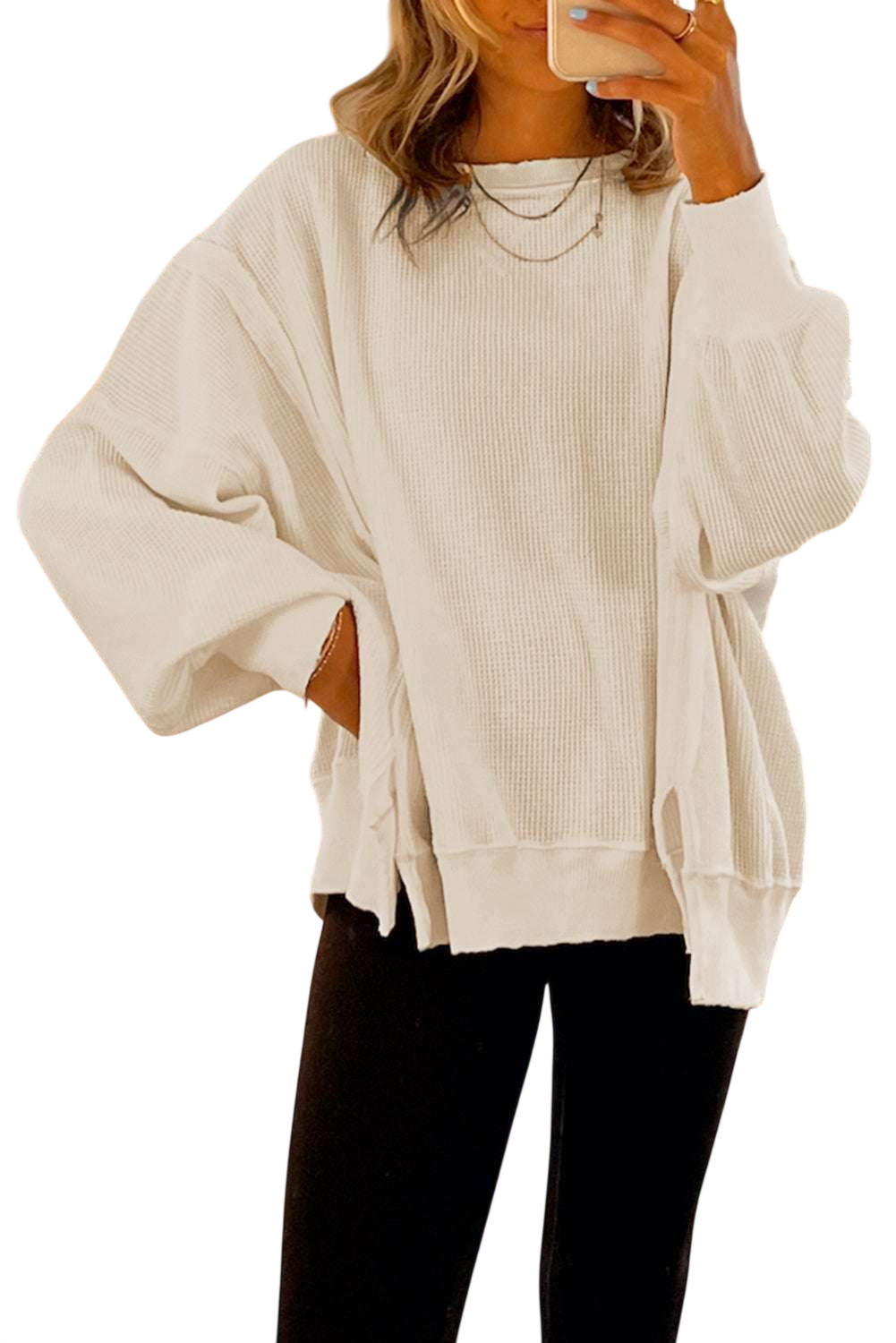 White Waffle knit Bishop Sleeve Split Oversized Top