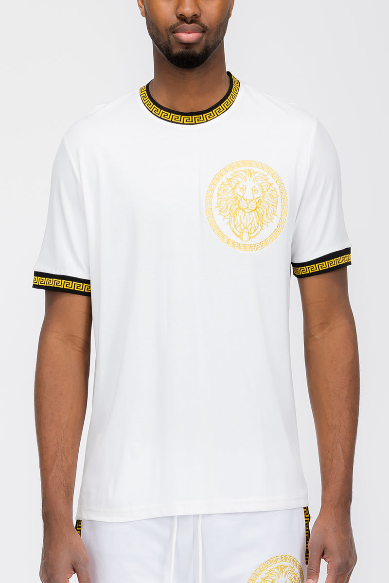 Lion Head Graphic Tee | Round Neck with Tape Detail