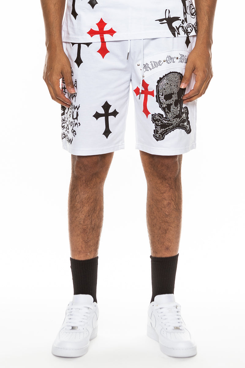 Bejewelled Chrome Skull Shorts with Elastic Waist