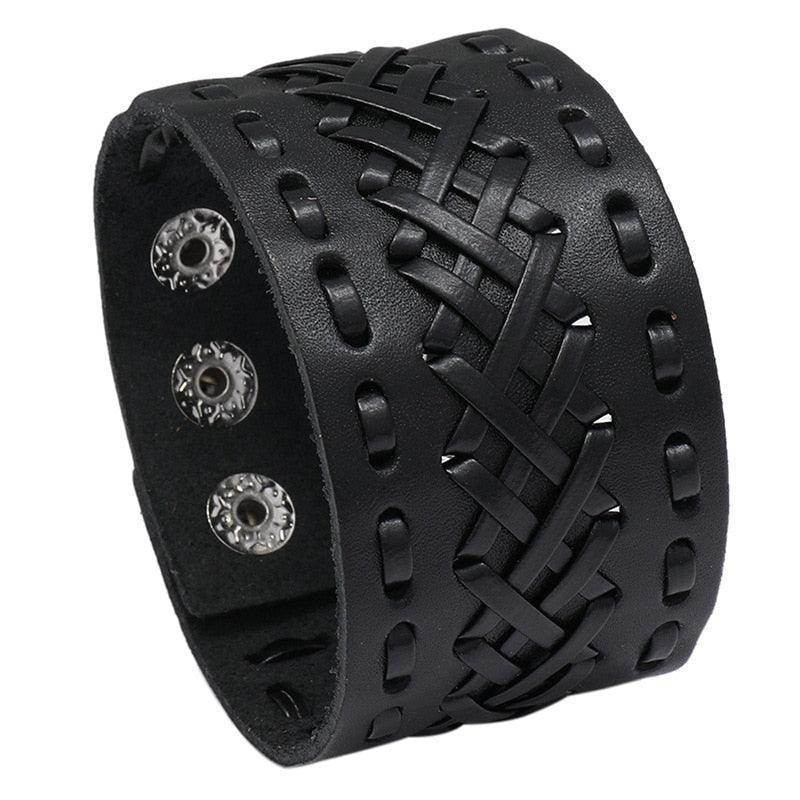 Wide cuff pu leather bracelet with braided design and detailed snap closures for men's fashion