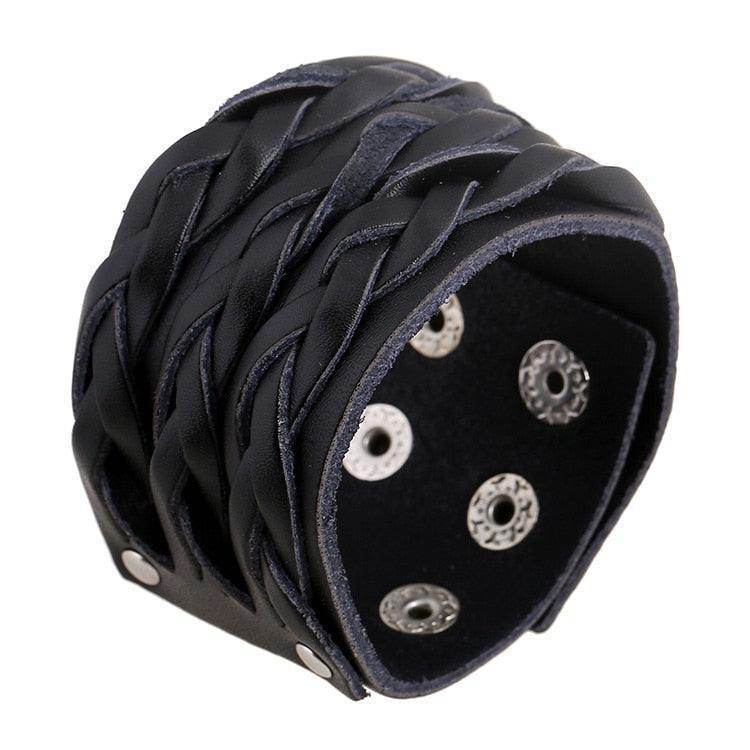 Wide cuff pu leather bracelet with braided design and snap closure for men