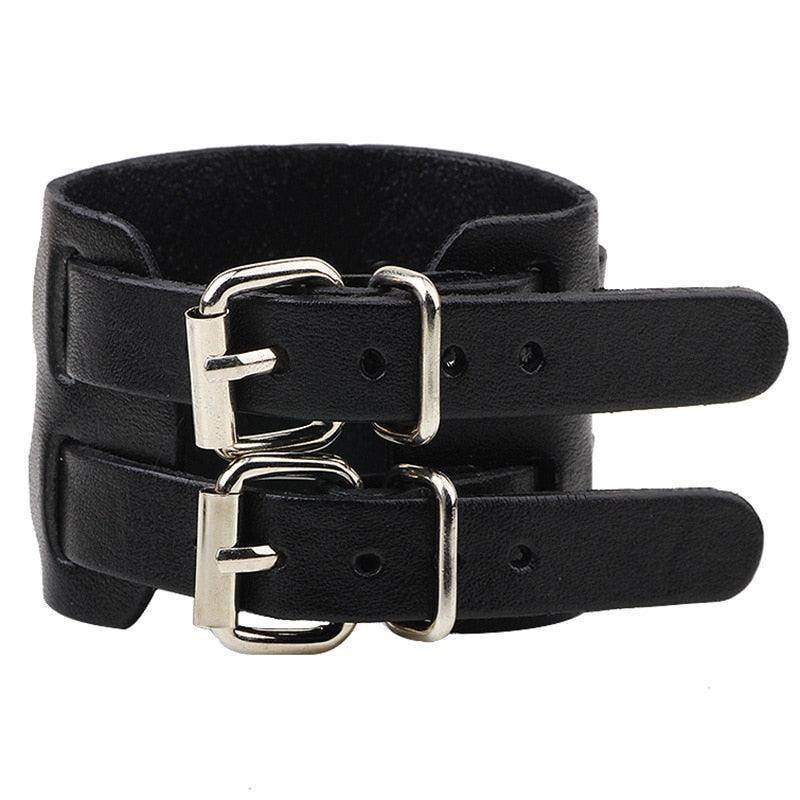 Wide cuff pu leather bracelet with double buckle design for stylish men's accessories