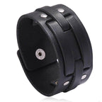 Wide cuff pu leather bracelet with adjustable snap closure and stylish rivets for men