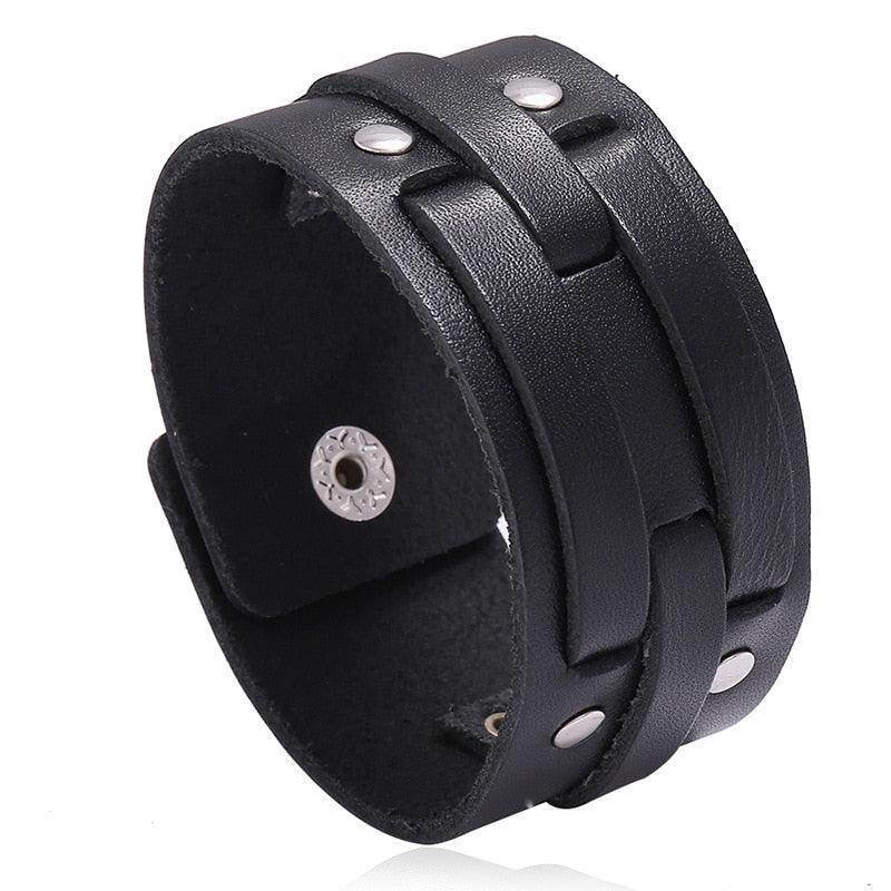 Wide cuff pu leather bracelet with adjustable snap closure and stylish rivets for men
