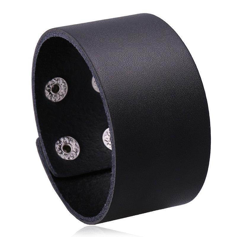 Wide cuff pu leather bracelet in black with snap closures for stylish men's jewelry