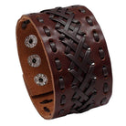 Wide cuff pu leather bracelet in brown with woven pattern and snap closure for men's fashion