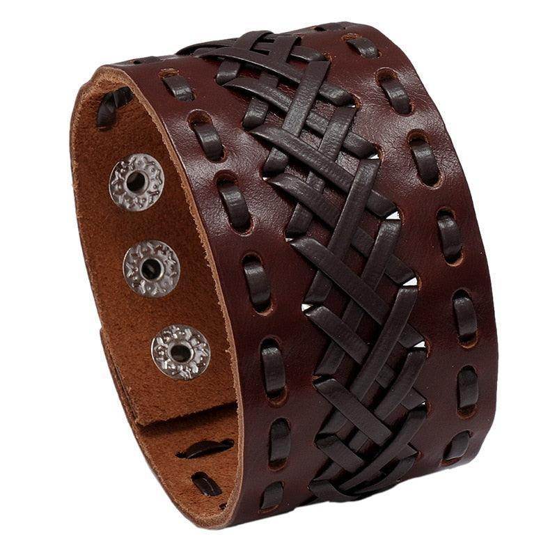 Wide cuff pu leather bracelet in brown with woven pattern and snap closure for men's fashion
