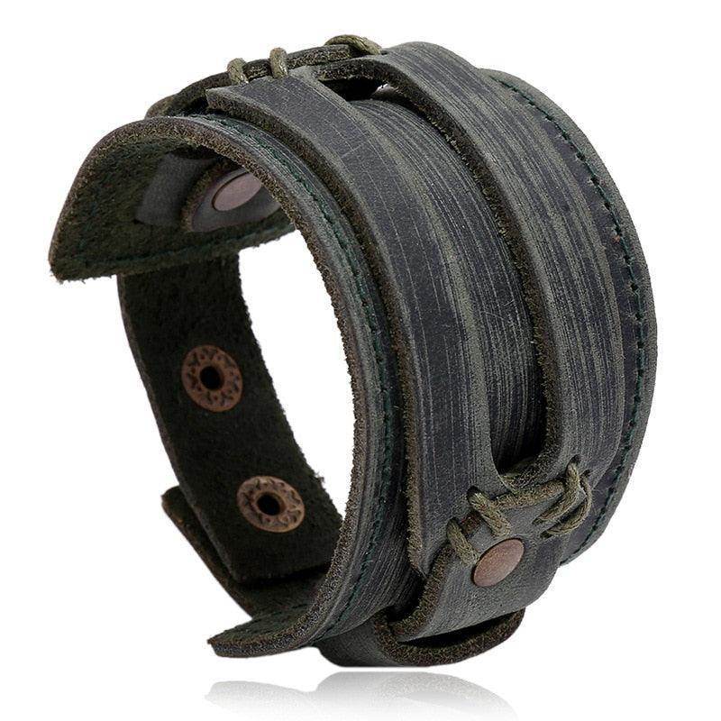 Wide cuff pu leather bracelet for men, featuring a stylish design and secure snap closure