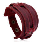 Wide cuff pu leather bracelet in deep red color with stylish design and adjustable fit for men