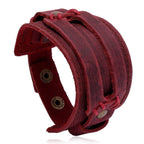 Wide cuff pu leather bracelet in deep red color with stylish design and adjustable fit for men