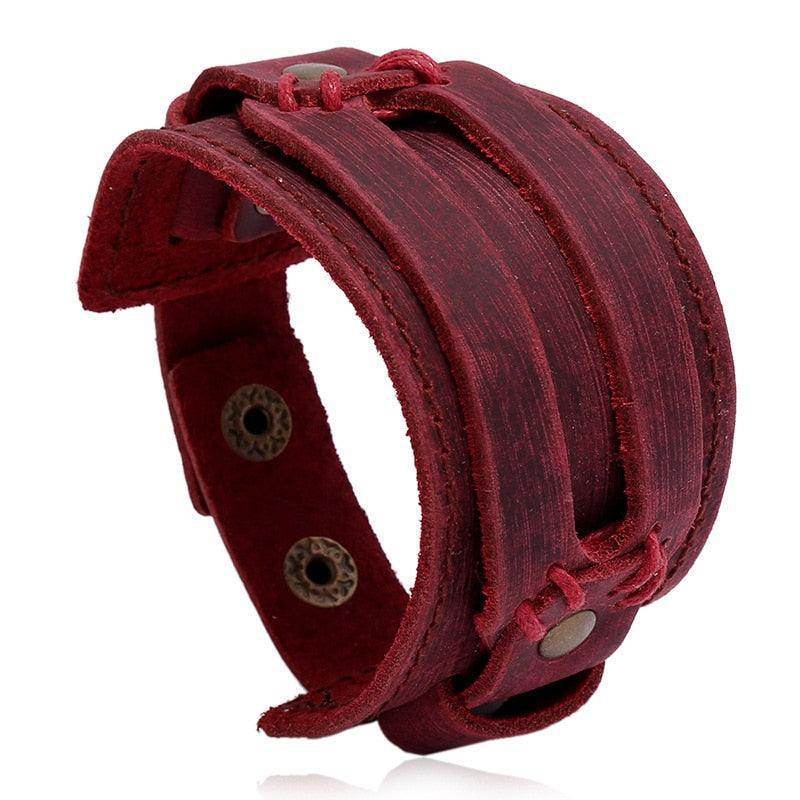 Wide cuff pu leather bracelet in deep red color with stylish design and adjustable fit for men