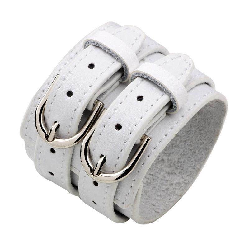 Wide cuff pu leather bracelet in white with dual buckle design for stylish men's jewelry