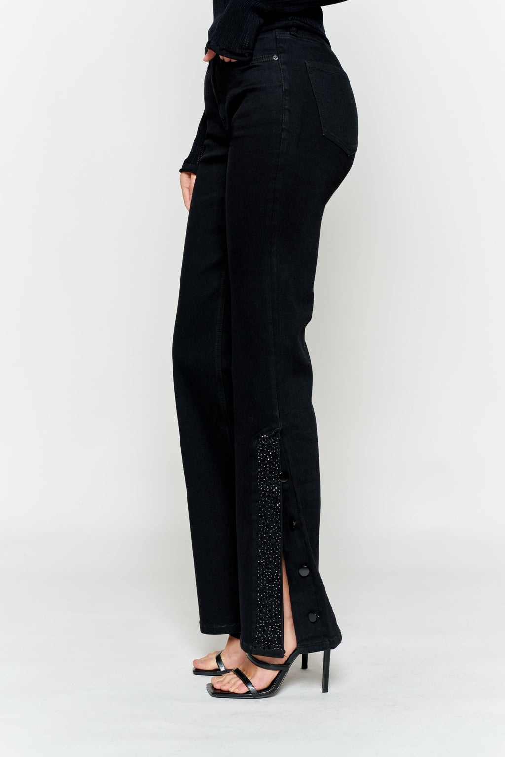 Women's black wide-leg jeans with embellished side slits for trendy style