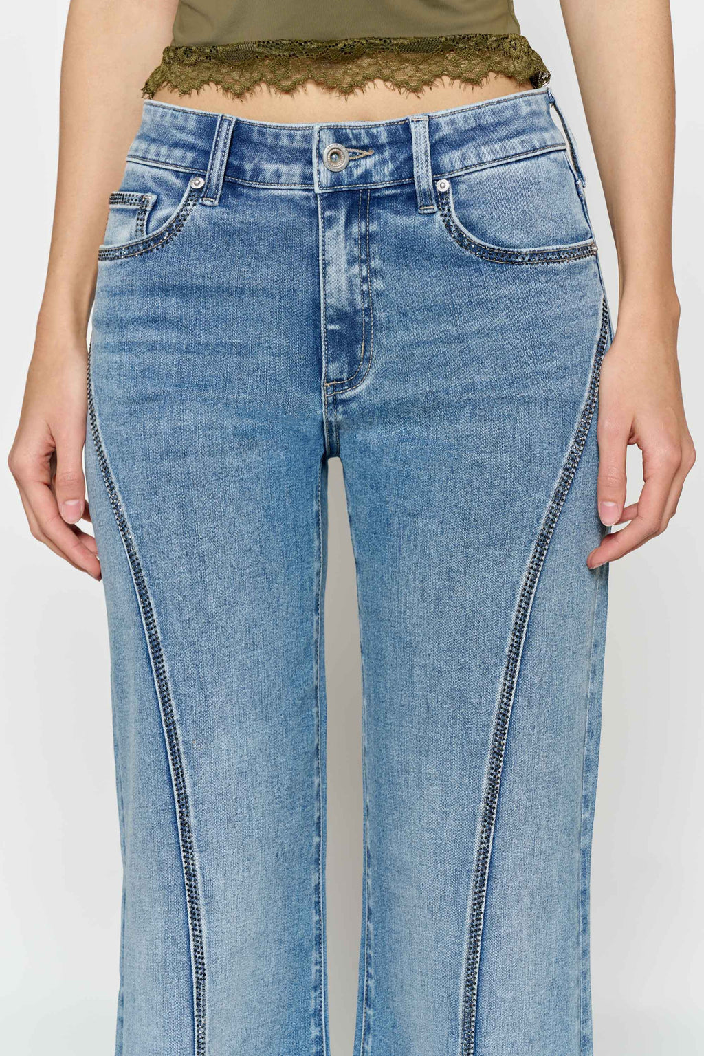 women's blue wide-leg jeans with stylish side stitching detail