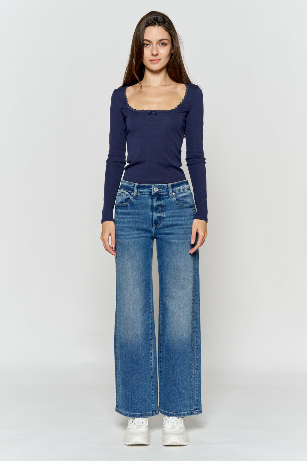 Women's blue wide-leg jeans, denim material for casual wear