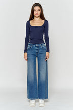 Women's blue wide-leg jeans, denim material for casual wear