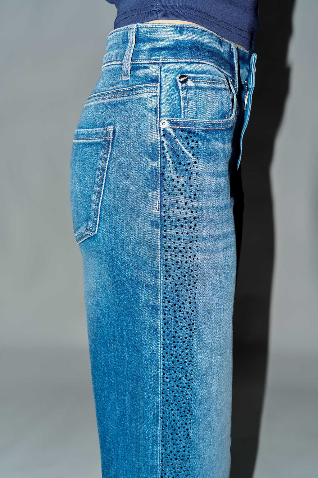 Women's blue wide-leg jeans, denim with detailed side design